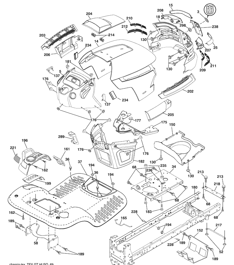 Chassis Diagram and Parts List for LGT2554 (96043009400)(2009-10) Husqvarna Lawn Mower