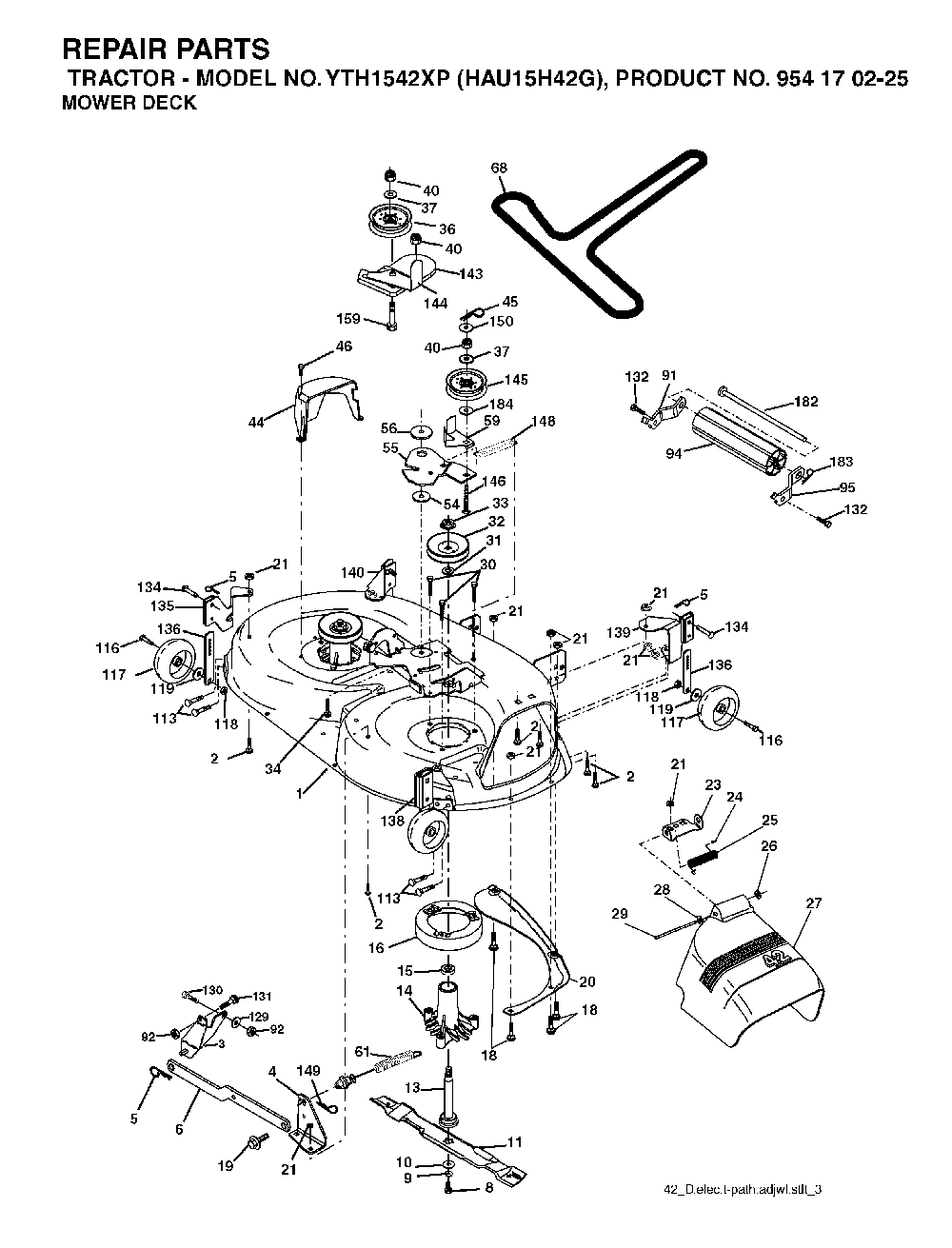 Mower Deck / Cutting Deck Diagram and Parts List for YTH1542XP (HAU15H42G, 954170225)(2004-09) Husqvarna Lawn Tractor