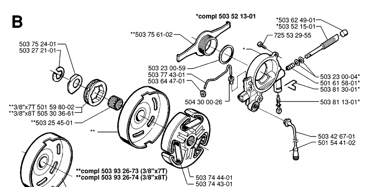 Clutch And Oil Pump Diagram and Parts List for 365 19974900001-19991400000 Husqvarna Chainsaw