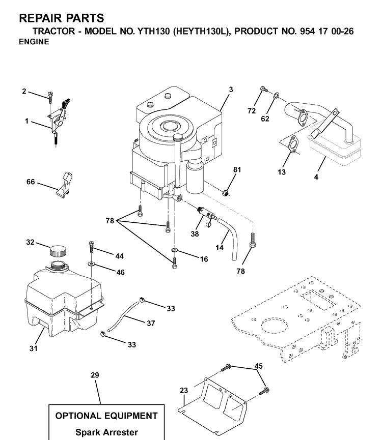 Engine And Cutting Equipment Diagram and Parts List for YTH130 (HEYTH130L)(2001-09) Husqvarna Lawn Tractor