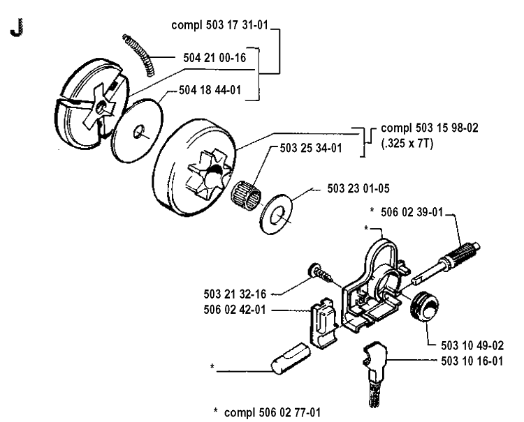 Clutch And Oil Pump Diagram and Parts List for 45 19902200001-19912200000 Husqvarna Chainsaw