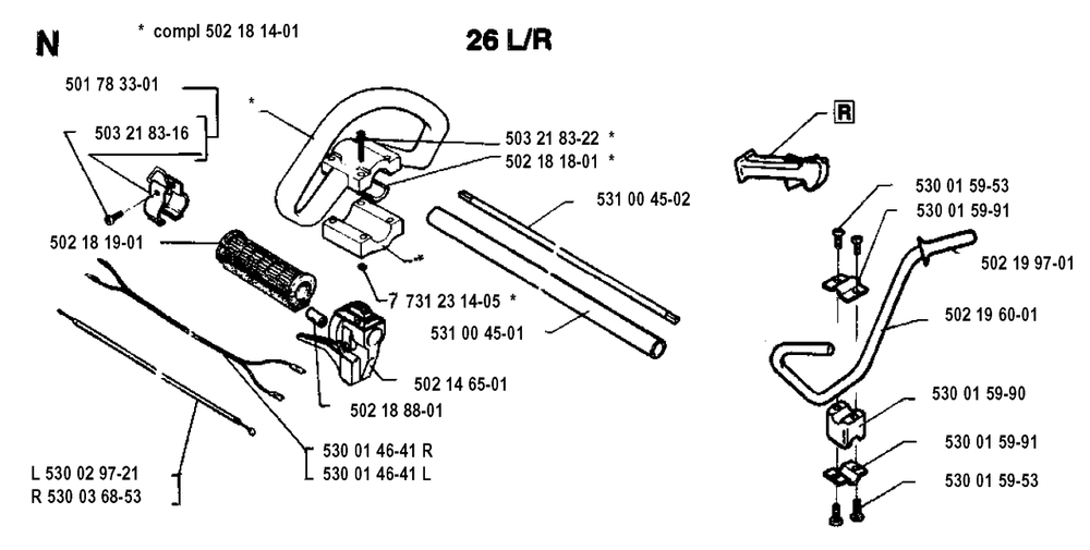 Handle And Controls Diagram and Parts List for 23LC 19931800001 & Above Husqvarna Trimmer
