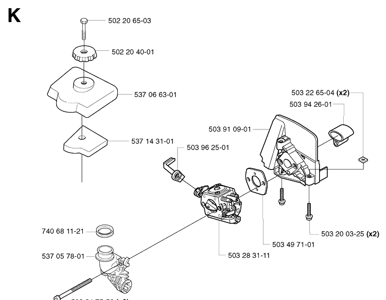 Carburetor And Air Filter Diagram and Parts List for 326LX 20023100001-20041000000 Husqvarna Edger