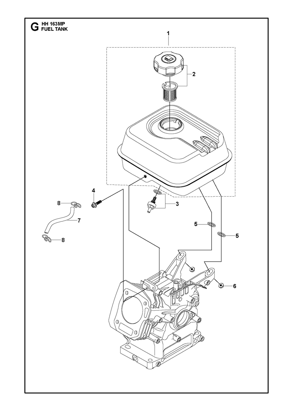 Fuel Tank Diagram and Parts List for HH163MP  Husqvarna Engine