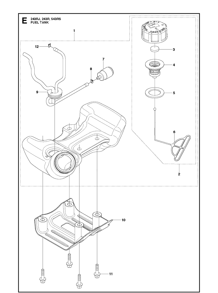 Fuel Tank Diagram and Parts List for 243R 20121000001-Current Husqvarna Brush Cutter