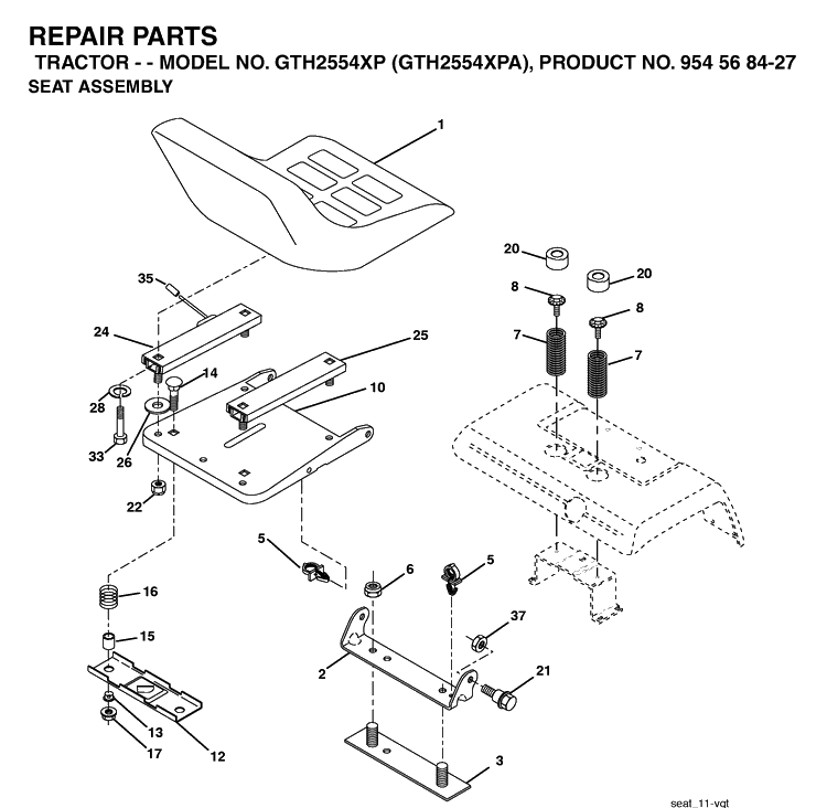 Seat Diagram and Parts List for GTH2554XP-GTH2554XPA 2004-08 Husqvarna Lawn Tractor