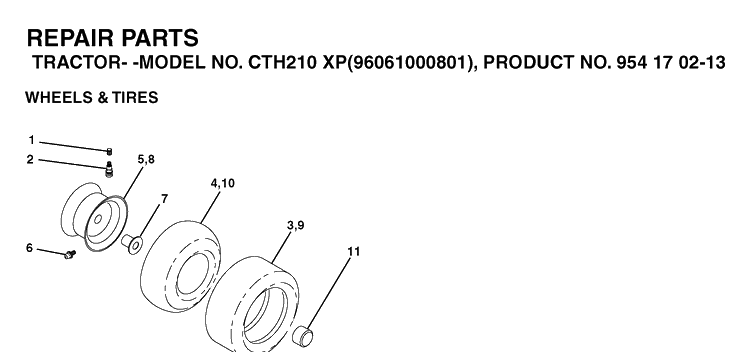 Wheels And Tires Diagram and Parts List for CTH210XP (96061000801)(2005-04) Husqvarna Lawn Tractor