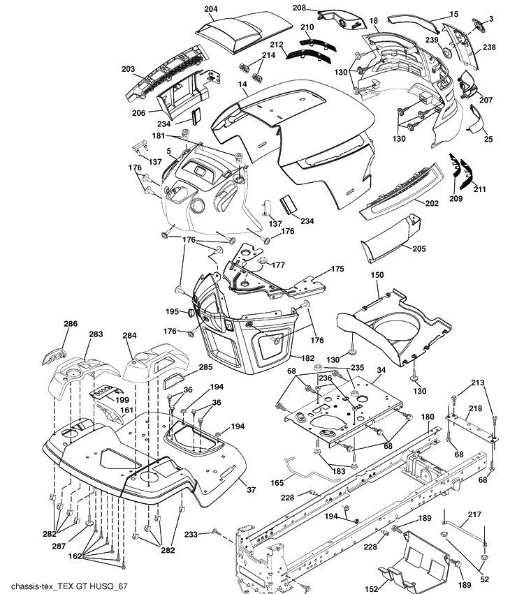 Chassis Diagram and Parts List for YTH23V48 (96043008601)(2010-04) Husqvarna Lawn Mower