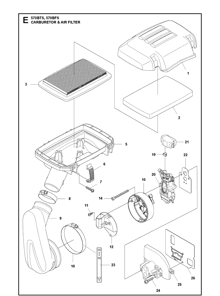 Carburetor And Air Filter Diagram and Parts List for 570BTS 220628-20190100001 and up Husqvarna Leaf Blower / Vacuum