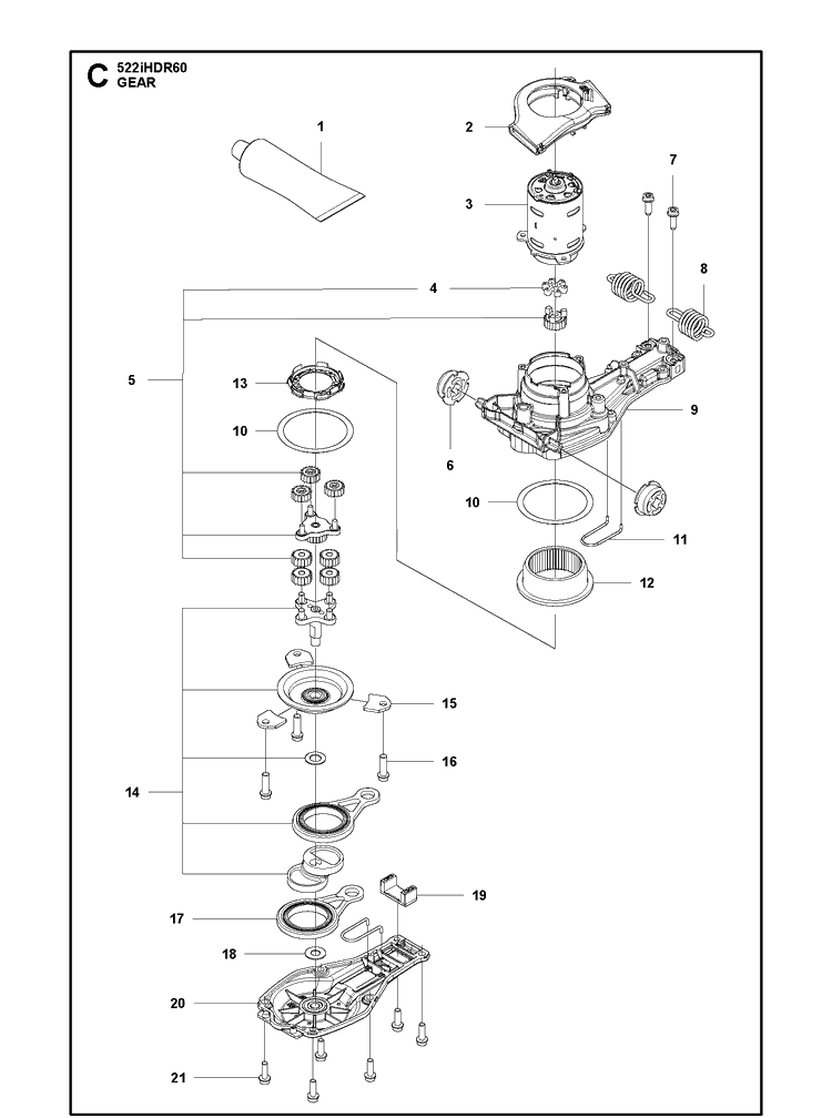 Gears Diagram and Parts List for 343F 20031800001-20043100000 Husqvarna Brush Cutter