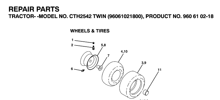 Wheels And Tires Diagram and Parts List for CTH2542T (96061021800)(2007-04) Husqvarna Lawn Tractor