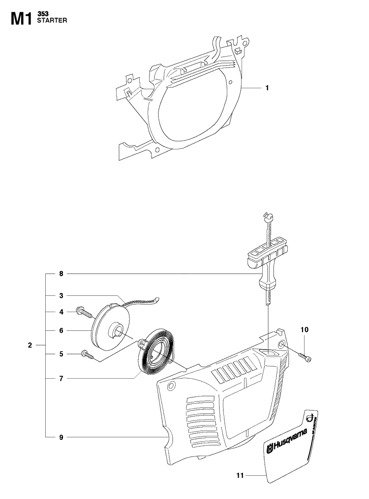 Starter Diagram and Parts List for 353  Husqvarna Chainsaw