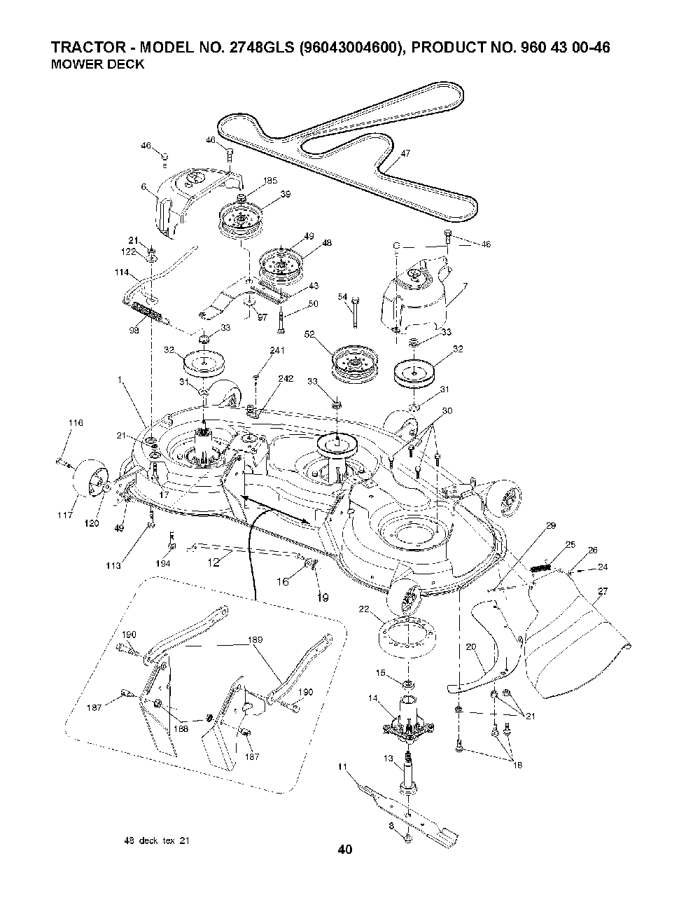 Mower Deck / Cutting Deck Diagram and Parts List for 2748GLS (96043004600)(2008-01) Husqvarna Lawn Tractor