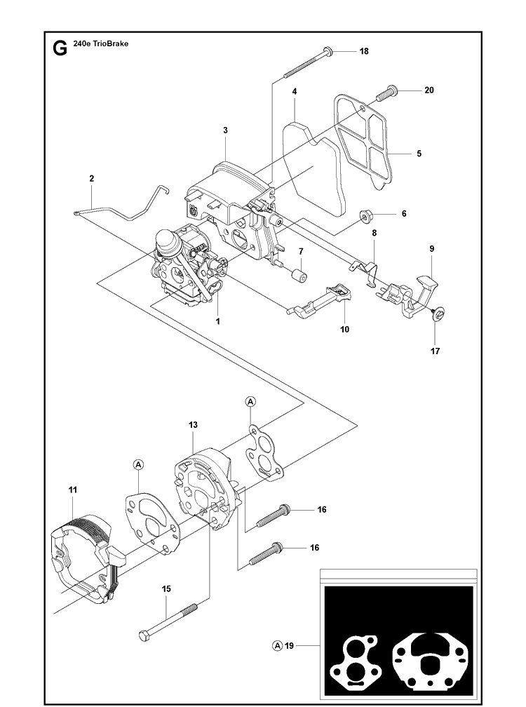 Carburetor And Air Filter Diagram and Parts List for 240E (TRIOBRAKE)(20100100001-20102300000) Husqvarna Chainsaw