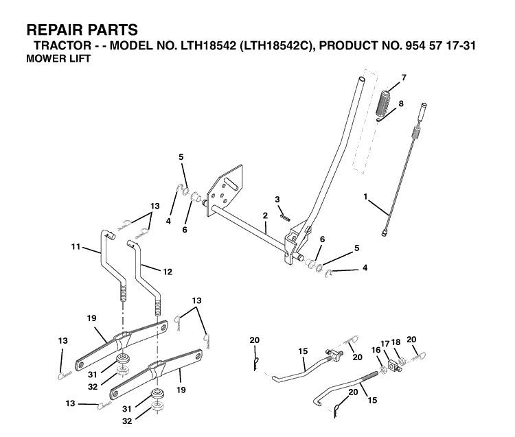 Mower Lift / Deck Lift Diagram and Parts List for LTH18542-LTH18542C 2004-08 Husqvarna Lawn Tractor