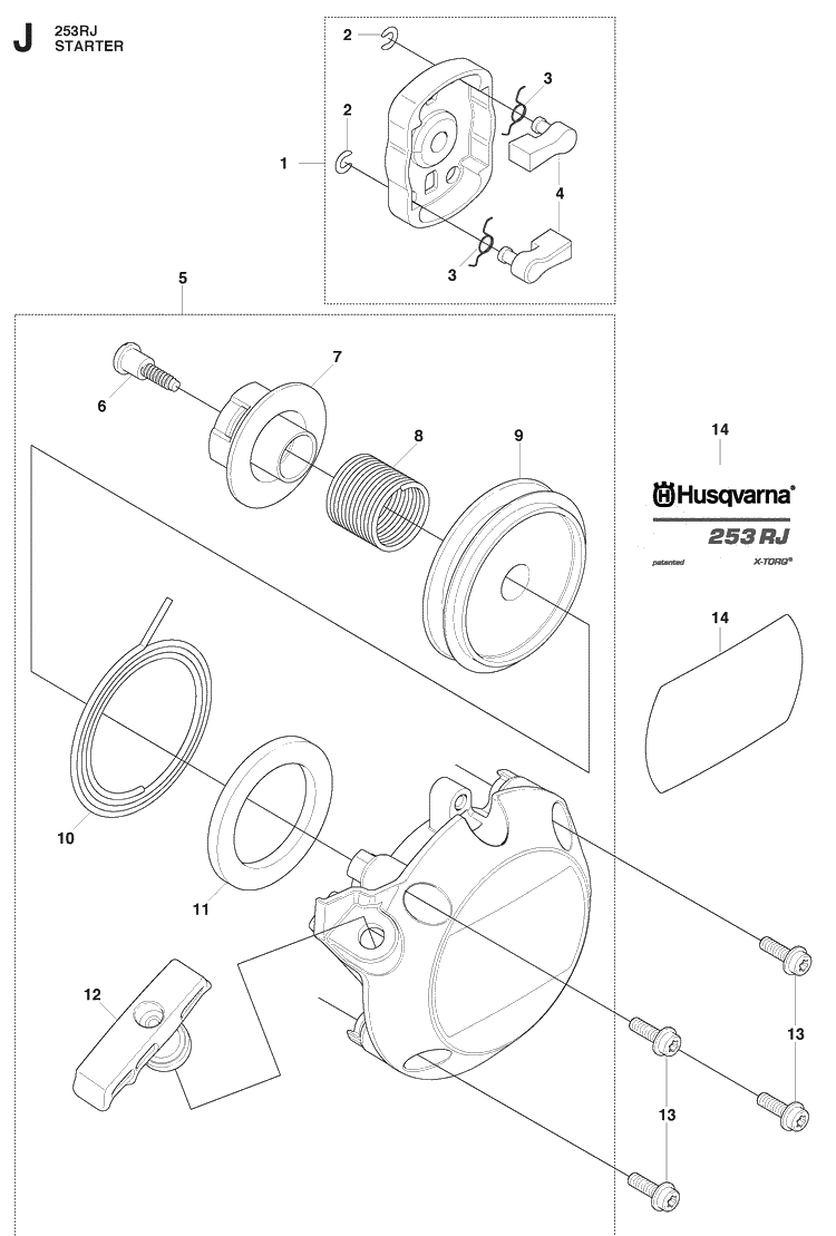 Starter Diagram and Parts List for 253RJ 20091400001-20113200000 Husqvarna Brush Cutter