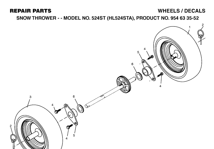 Wheels And Tires Diagram and Parts List for 524ST (HL524STA)(2004-03) Husqvarna Snow Blower