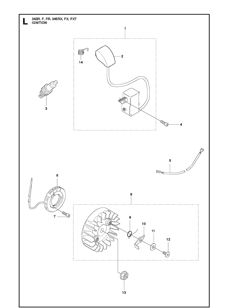 Ignition System Diagram and Parts List for 343F  Husqvarna Brush Cutter