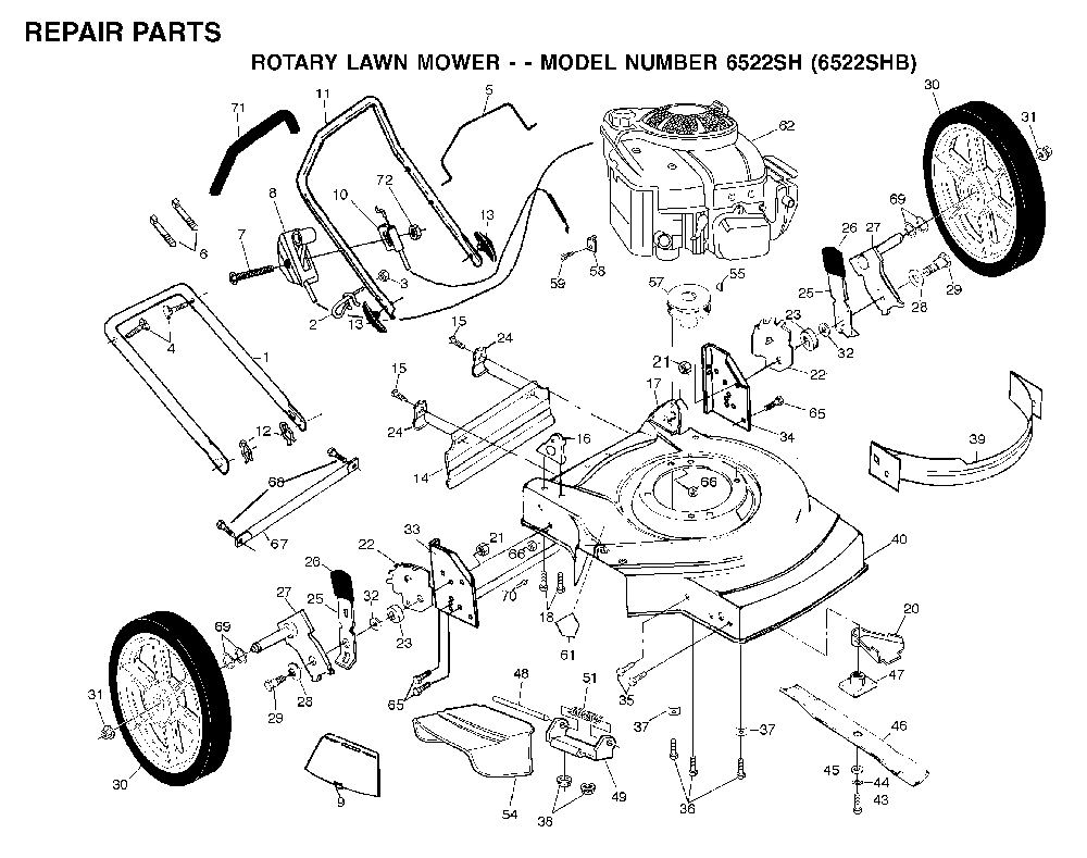 Repair Parts Diagram and Parts List for 6522SHB (954222718, 532702511)(2001-10) Husqvarna Lawn Mower