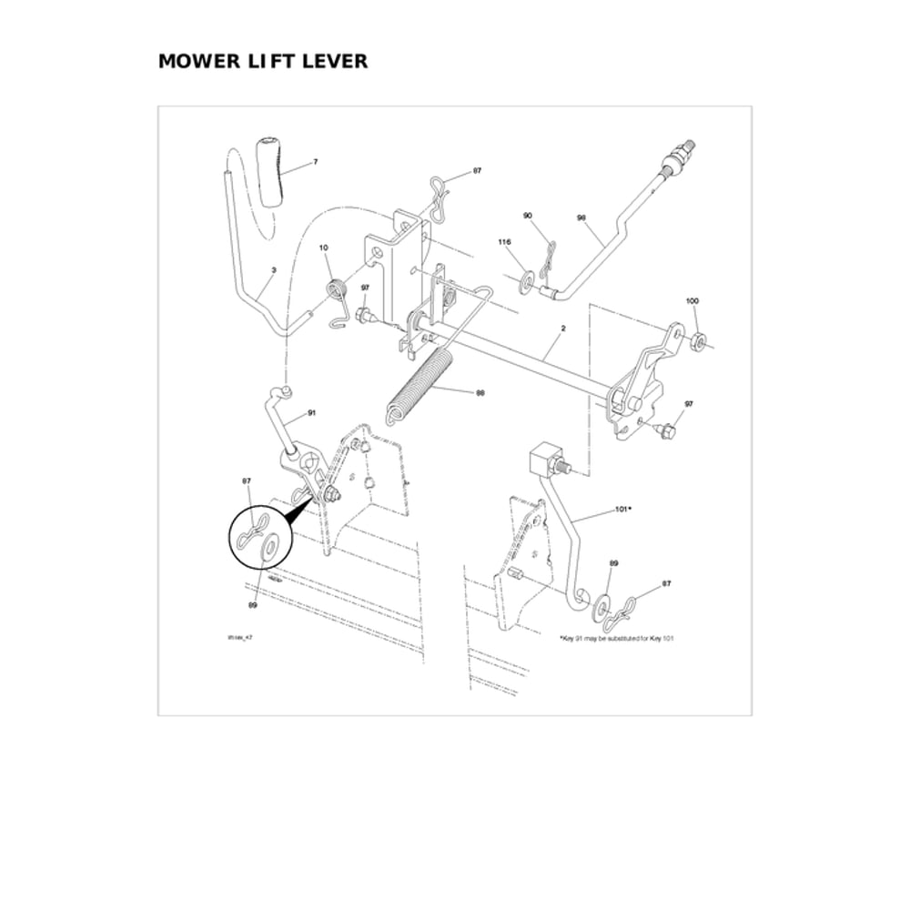 Mower Lift Lever Diagram and Parts List for 960430333  Husqvarna Lawn Tractor