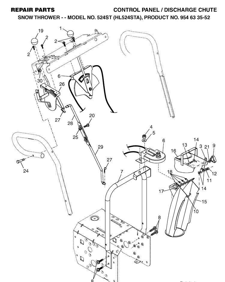 Control Panel And Discharge Chute Diagram and Parts List for 524ST (HL524STA)(2004-03) Husqvarna Snow Blower