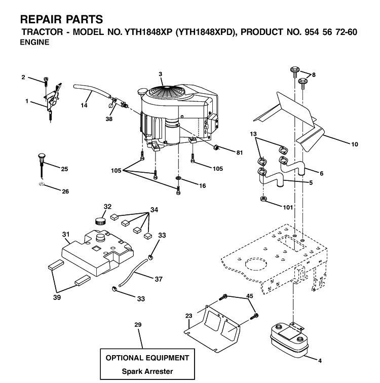 Engine Diagram and Parts List for YTH1848XP (954567260)(2001-12) Husqvarna Lawn Tractor
