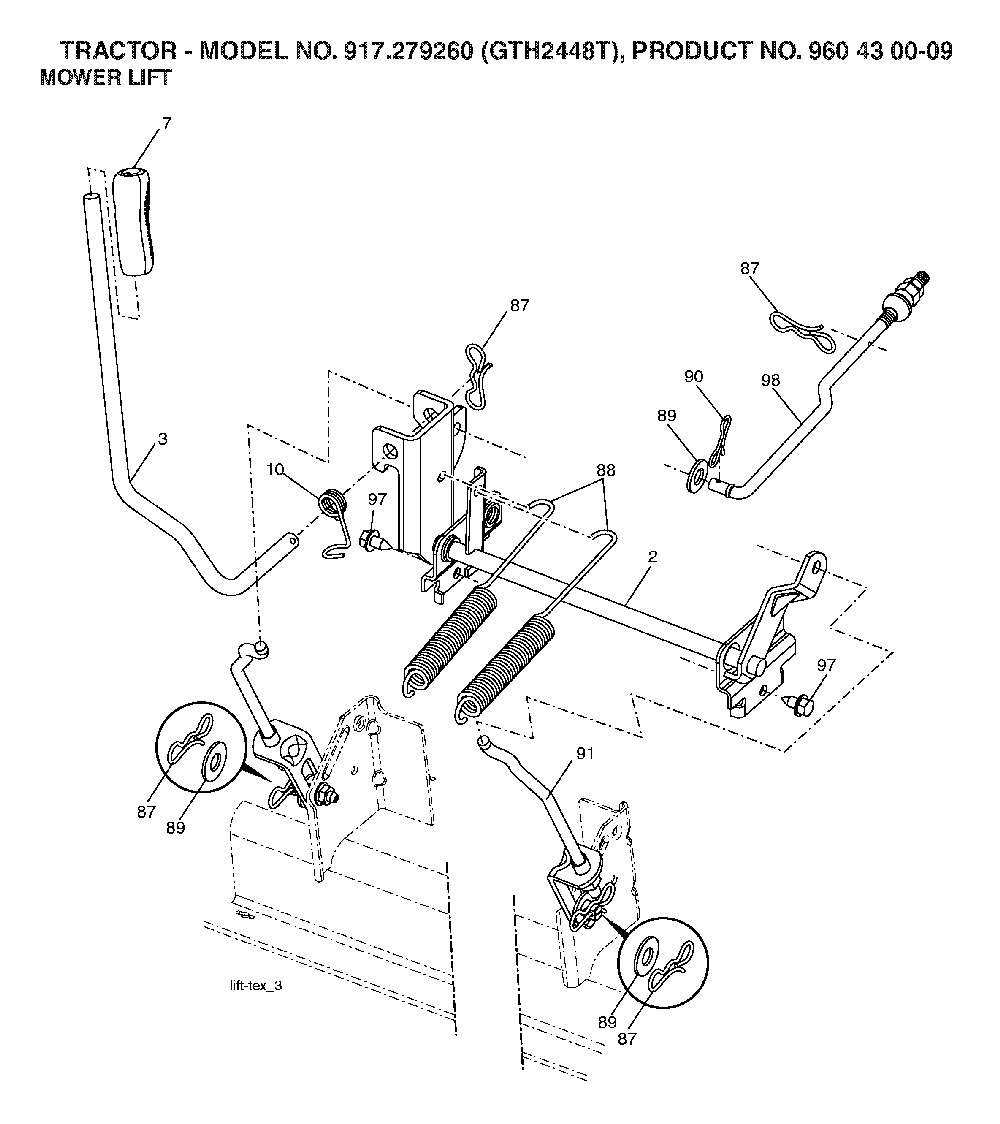 Mower Lift / Deck Lift Diagram and Parts List for GTH2448T (917279260, 960430009)(2006-02) Husqvarna Lawn Tractor