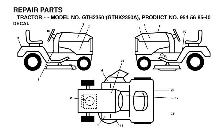 Decals Diagram and Parts List for GTH2350-GTHK2350A 2002-07 Husqvarna Lawn Tractor