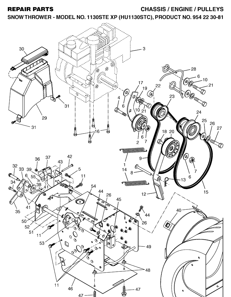 Chassis, Engine And Pulleys Diagram and Parts List for 1130STEXP (HU1130STC)(2004-07) Husqvarna Snow Blower