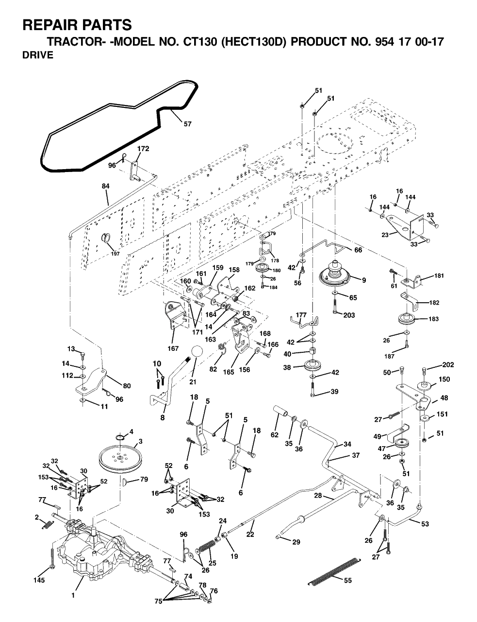 Drive Diagram and Parts List for CT130 (954170017-D)(2001-01) Husqvarna Lawn Tractor