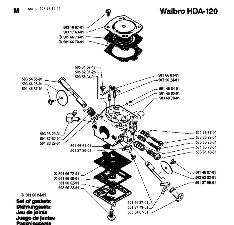 Carburetor Details Diagram and Parts List for 262XP 19942300001-19960100000 Husqvarna Chainsaw