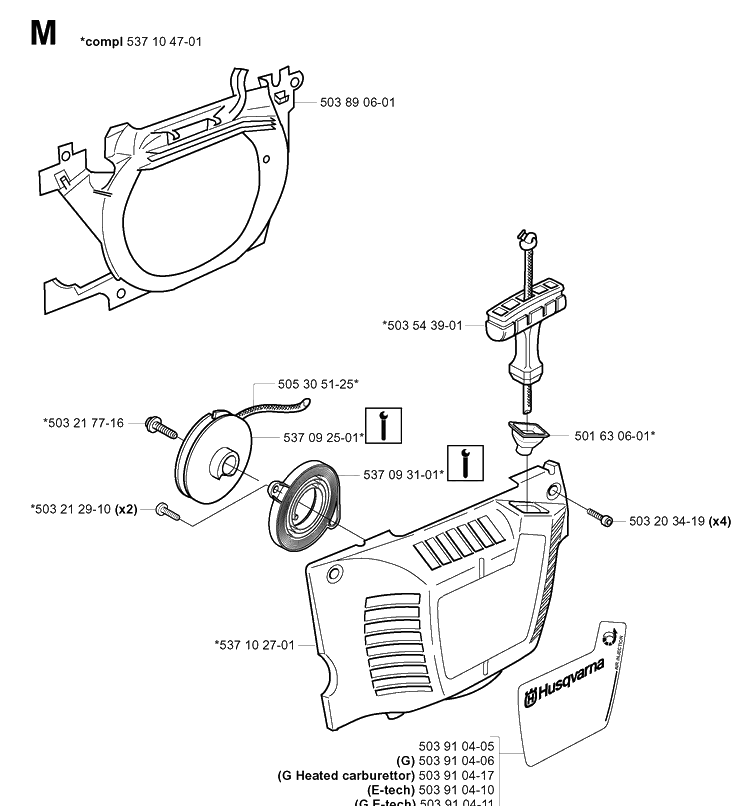 Starter Diagram and Parts List for 351 20012200001-Current Husqvarna Chainsaw