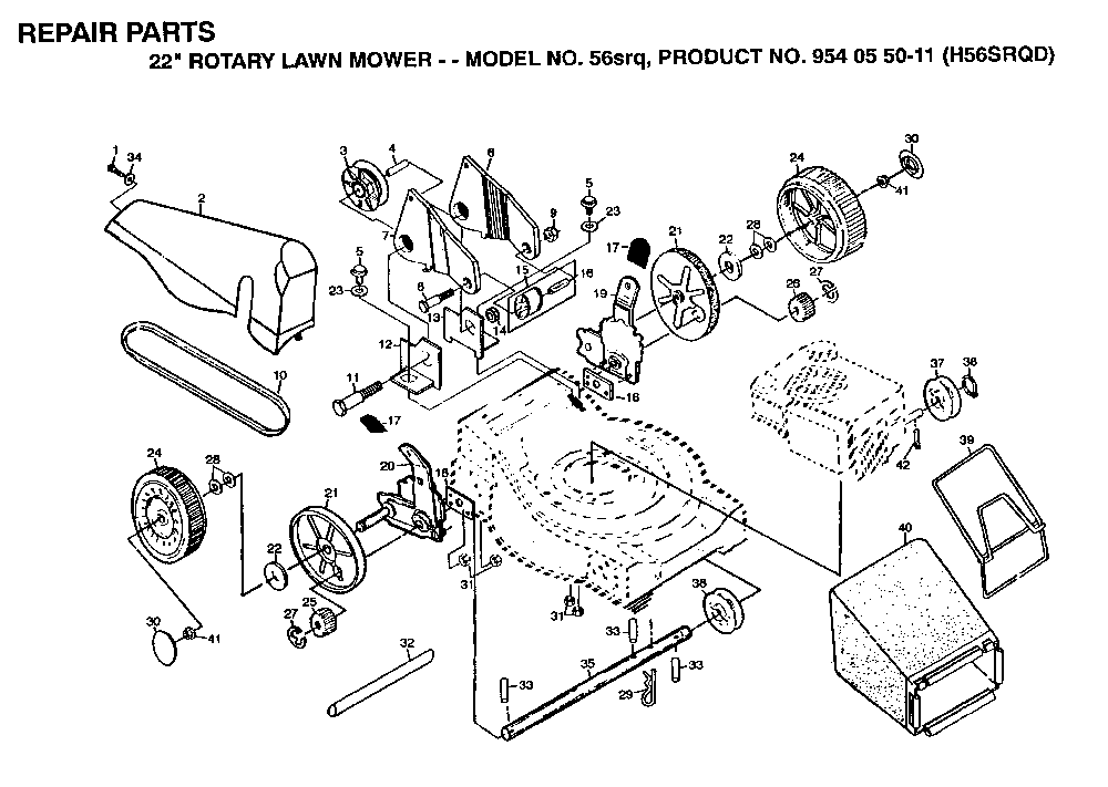 Repair Parts Diagram and Parts List for 56SRQ H56SRQB, 954055011, 1992 Husqvarna Lawn Mower