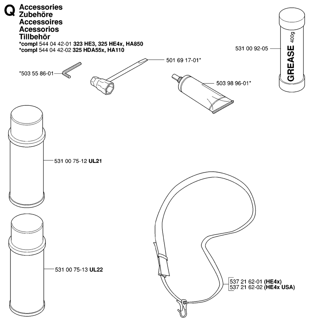 Accessories Diagram and Parts List for 325HDA55X 20053600001 - 20054000000 Husqvarna Hedge Trimmer