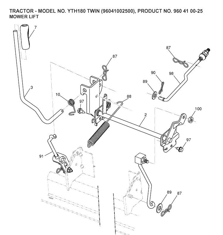 Mower Lift / Deck Lift Diagram and Parts List for YTH180 (96041002500)(2007-02) Husqvarna Lawn Tractor