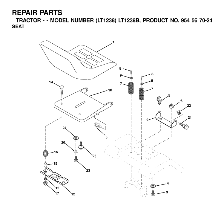 Seat Diagram and Parts List for LT1238-LT1238B 2001-03 Husqvarna Lawn Tractor
