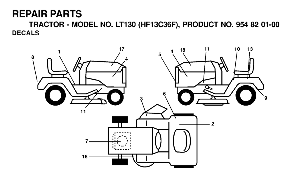 Decals Diagram and Parts List for LT130 (954820100-F)(2000-03) Husqvarna Lawn Tractor