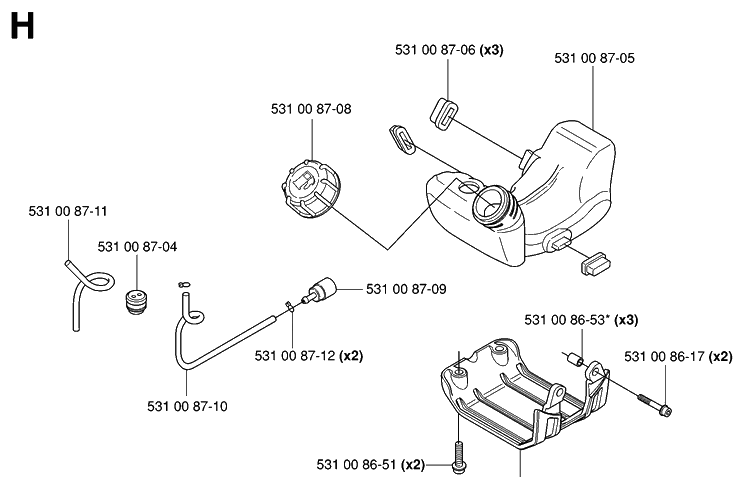 Fuel Tank Diagram and Parts List for 324HDA55 (X-SERIES)(20041800001-20053600000) Husqvarna Hedge Trimmer