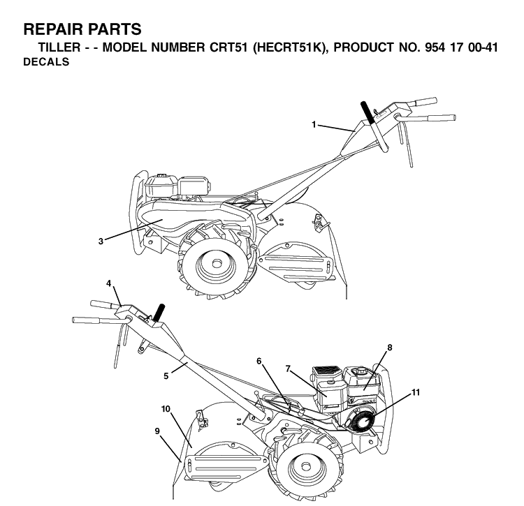Decals Diagram and Parts List for CRT51 (HECRT51K)(2002-03) Husqvarna Cultivator
