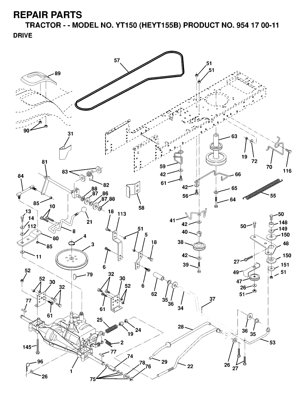 Drive Diagram and Parts List for YT150 (954170011-B)(1998-12) Husqvarna Lawn Tractor