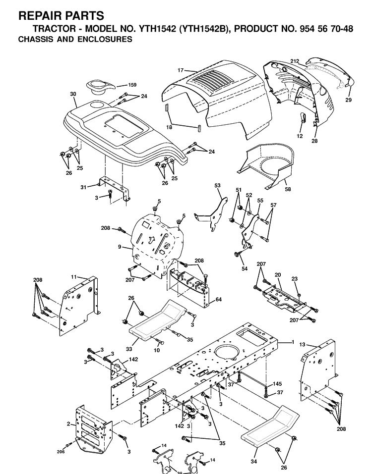 Chassis And Enclosures Diagram and Parts List for YTH1542 (954567048)(2001-01) Husqvarna Lawn Tractor