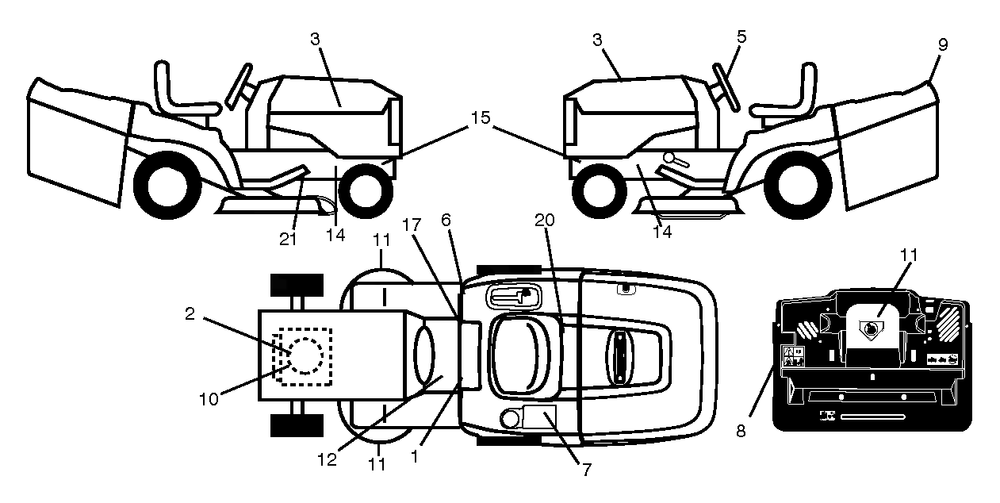 Decals Diagram and Parts List for P200107HRB (960610178-05)(2011-08) Husqvarna Lawn Tractor
