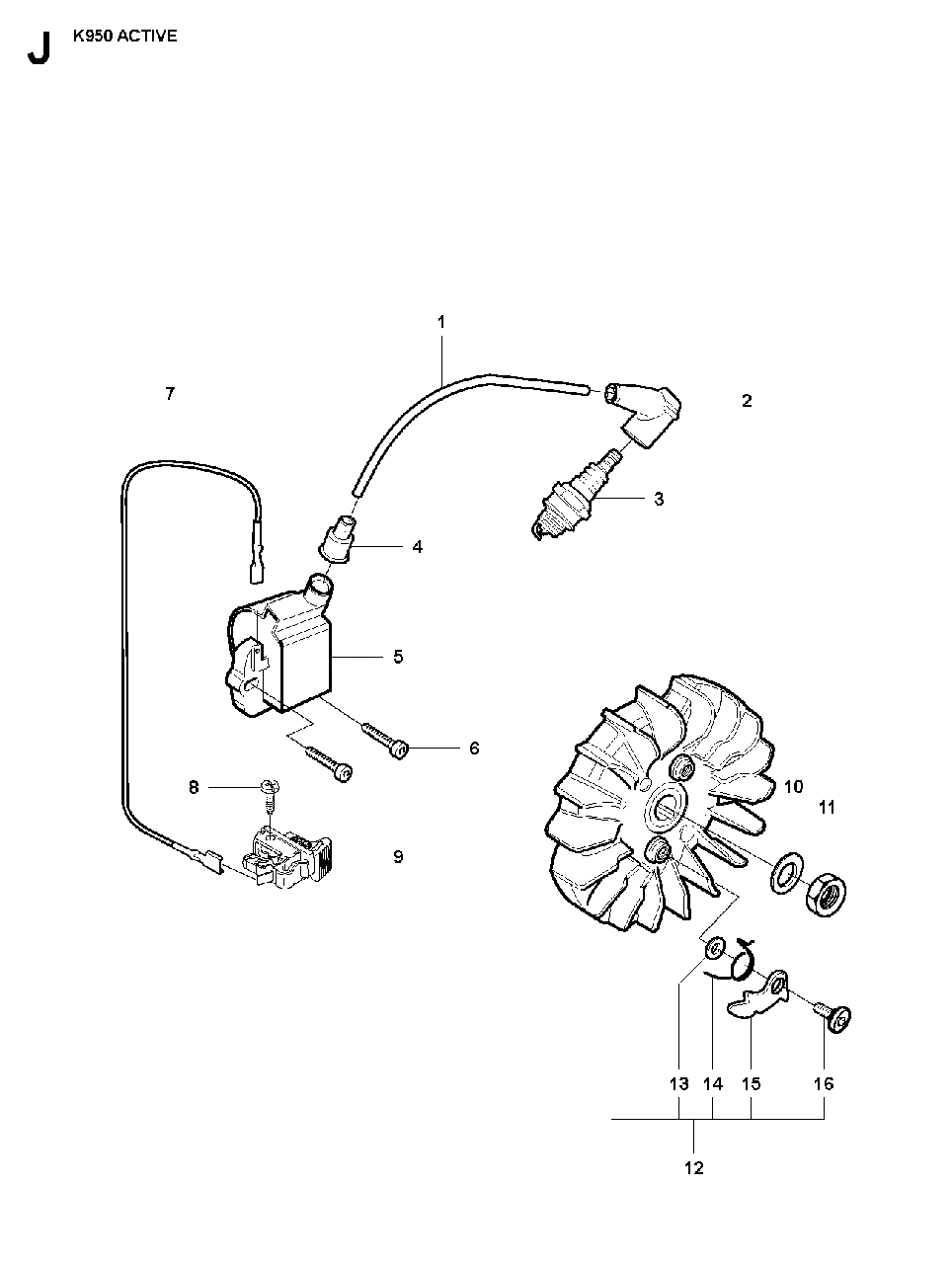 Ignition System Diagram and Parts List for K950 2007-01 Husqvarna Circular Saw