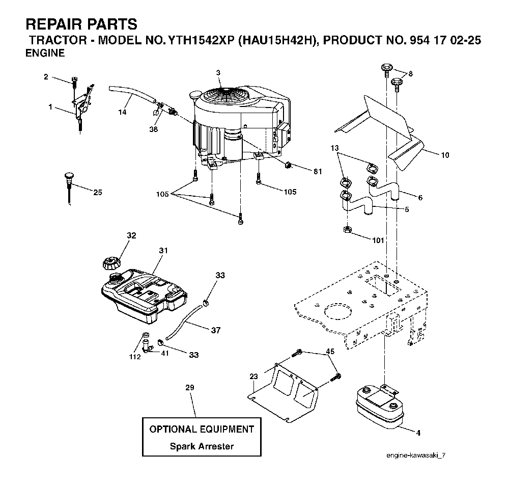 Engine Diagram and Parts List for YTH1542XP (HAU15H42H, 954170225)(2004-09) Husqvarna Lawn Tractor