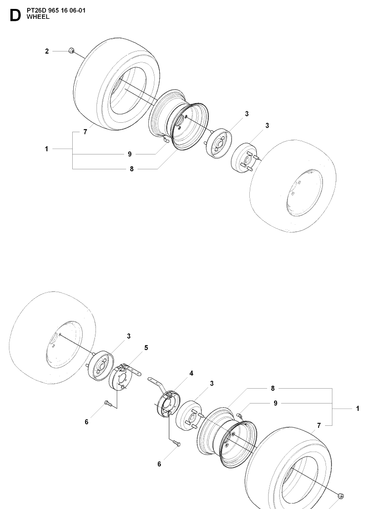 Wheels And Tires Diagram and Parts List for PT26D (965160601)(2008-02) Husqvarna Lawn Mower