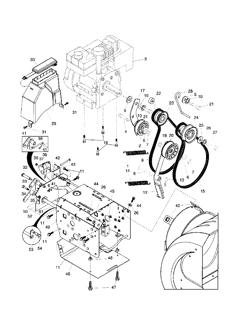 Chassis/engine/pulleys Diagram and Parts List for HL524STA  Husqvarna Snow Blower
