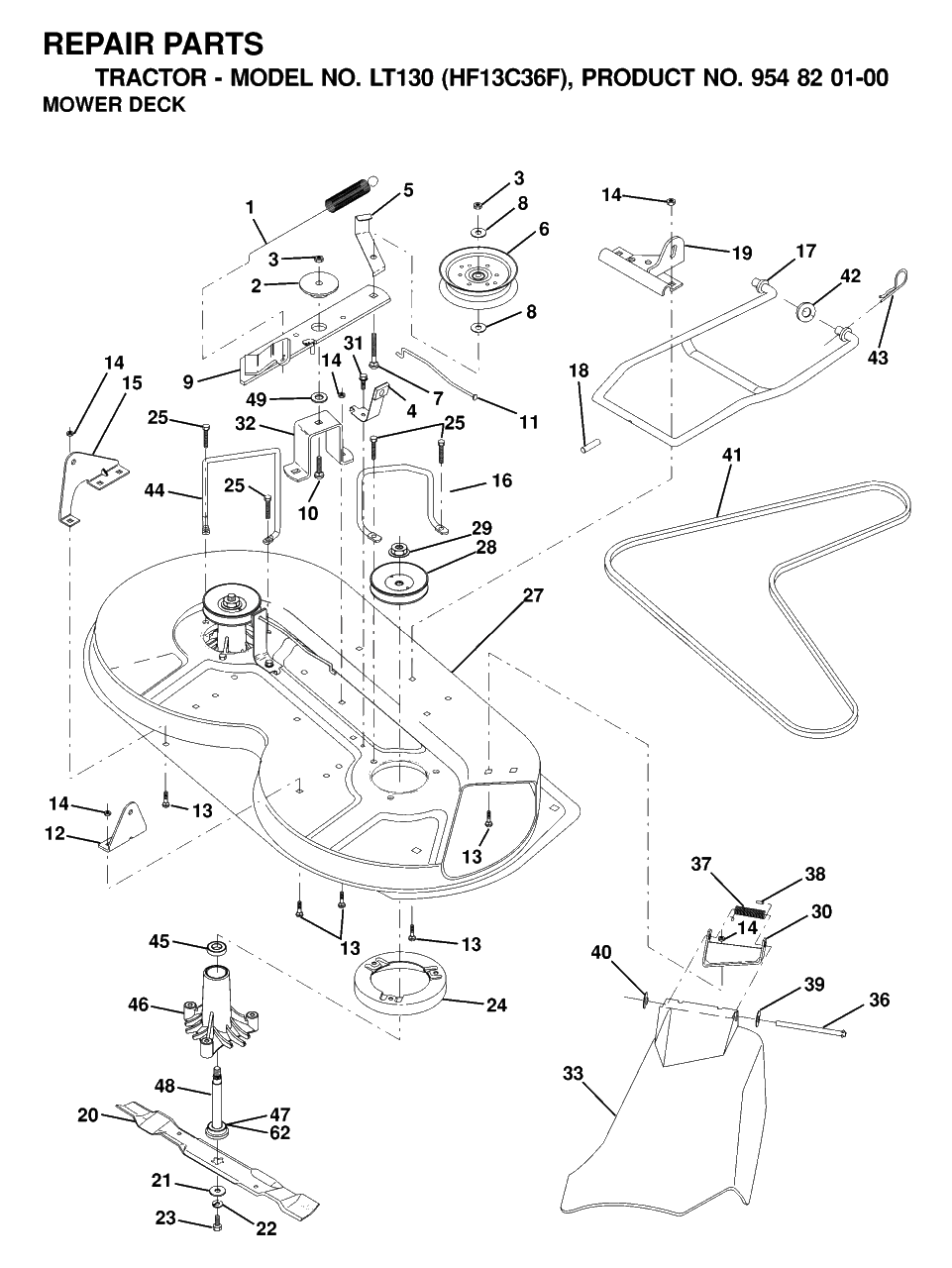 Mower Deck / Cutting Deck Diagram and Parts List for LT130 (954820100-F)(2000-03) Husqvarna Lawn Tractor