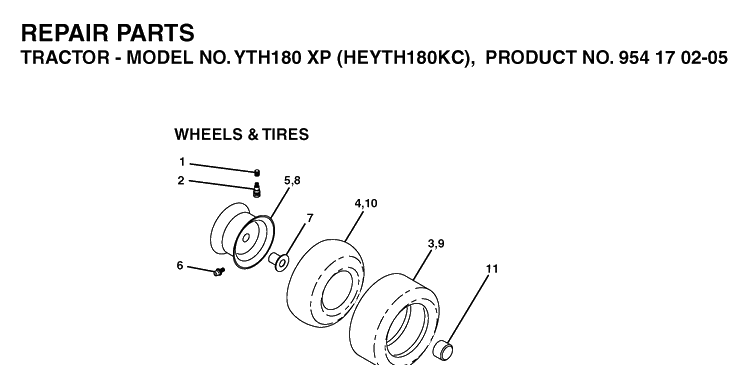 Wheels And Tires Diagram and Parts List for YTH180XP (HEYTH180KC)(2004-06) Husqvarna Lawn Tractor