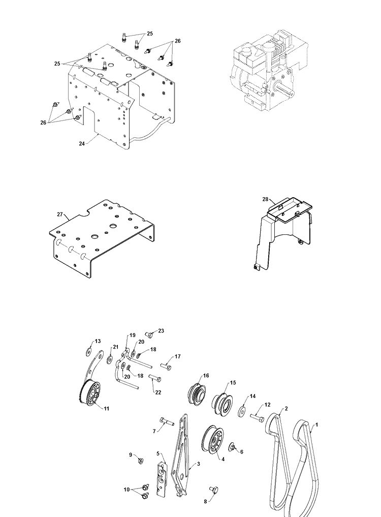 Chassis, Engine And Pulleys 1 Diagram and Parts List for ST327P  Husqvarna Snow Blower