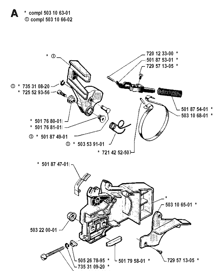 Chain Brake Diagram and Parts List for 40 19912200001-19952300000 Husqvarna Chainsaw